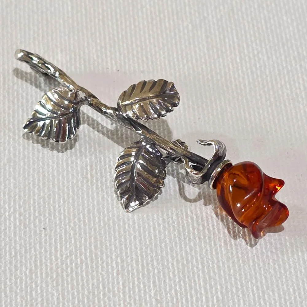 Vintage Carved Baltic Amber Rose Flower High Detail Sterling Silver Pin Brooch